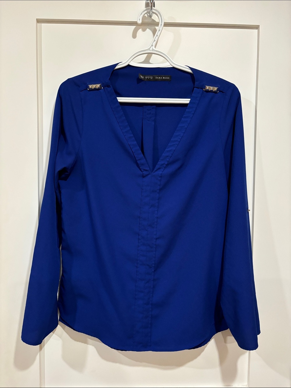 Zara Cobalt V-Neck Long Sleeve Blouse with Shoulder Studs